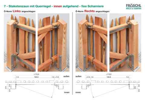 7 - Staketenzaun mit Querriegel - innen aufgehend - fixe Scharniere