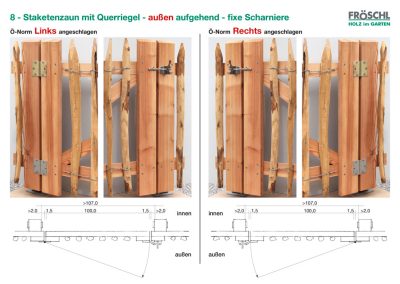 8 - Staketenzaun mit Querriegel - außen aufgehend - fixe Scharniere